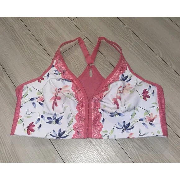 Cacique Unlined Full Coverage No Wire Bra Front Close Floral Womens 44D White - Picture 2 of 7